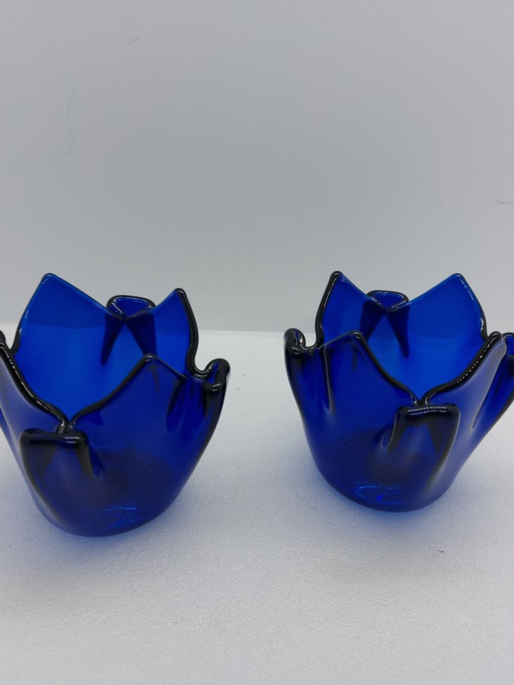 2 Sapphire Blue Partylite Votive / Tea Light Candle Holders Handkerchief Design
